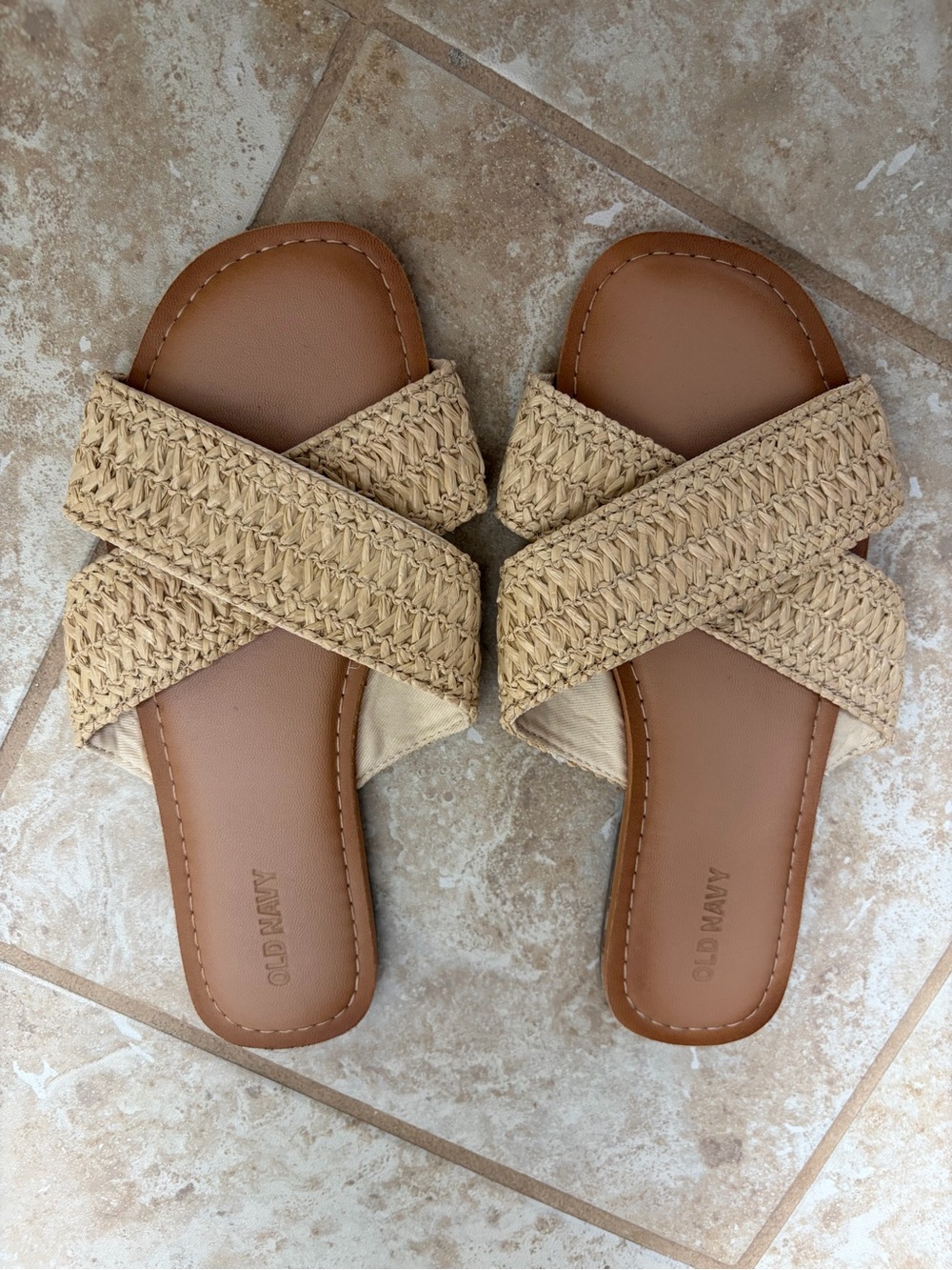 Old Navy Women's Tan Woven Cross-Strap Slide Sandals